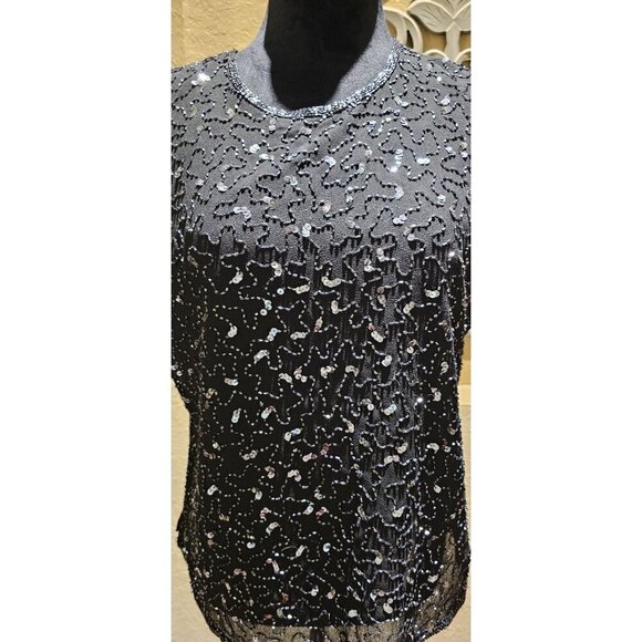 Notations Black Sleeveless Glass Beaded Sequin Sleeveless Cocktail Blouse L - Picture 3 of 6